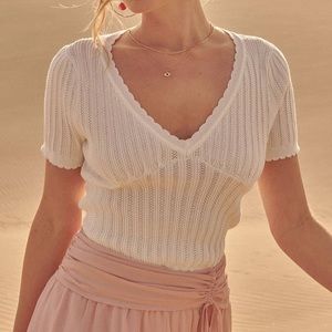 Ribbed knit v neck lettuce trim top